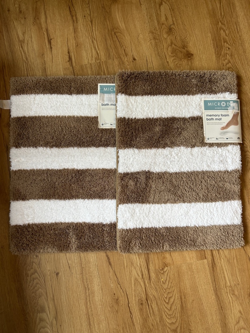 NWT 2 Memory Foam Brown and White Striped Bath Mats